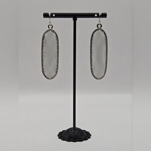 Silver White Stone Dangle Earrings | Long Oval Drop Earrings | Boho Chic Minimal